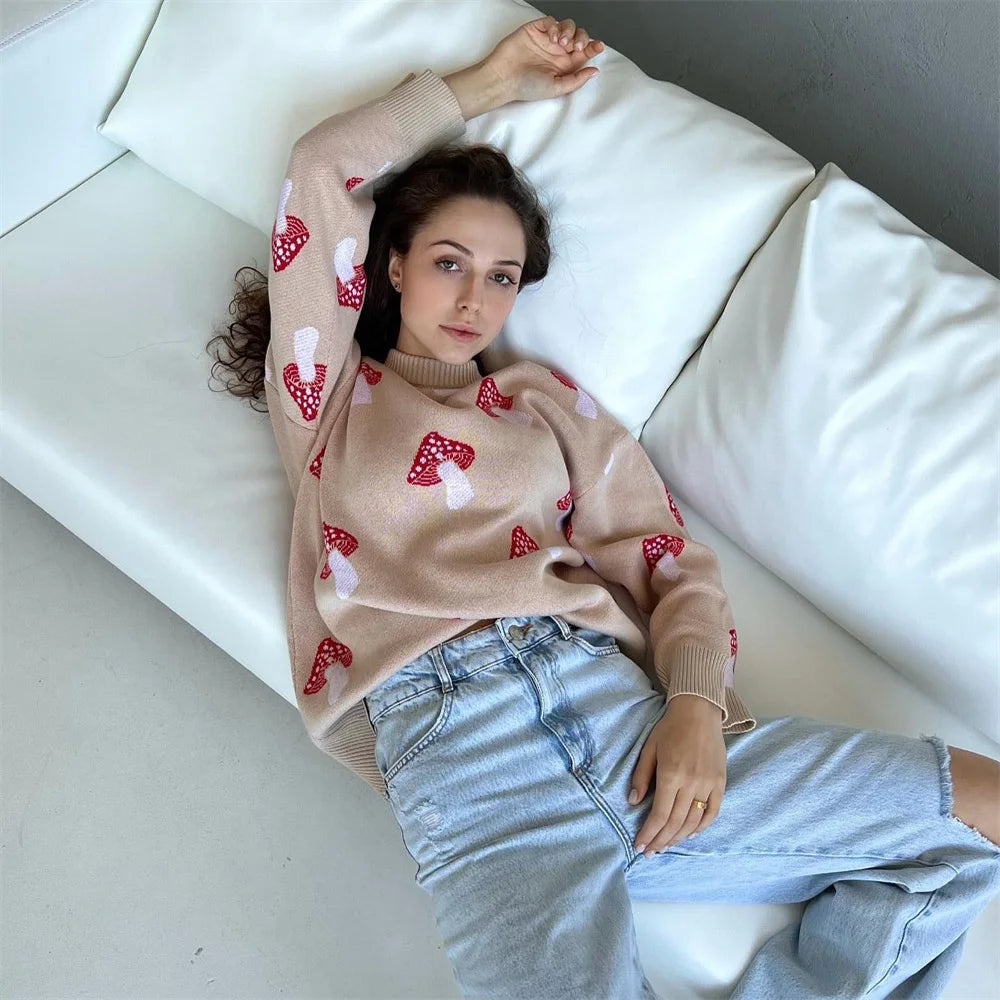Women’s Oversized Knit Sweater - Mushroom Graphic Pullover