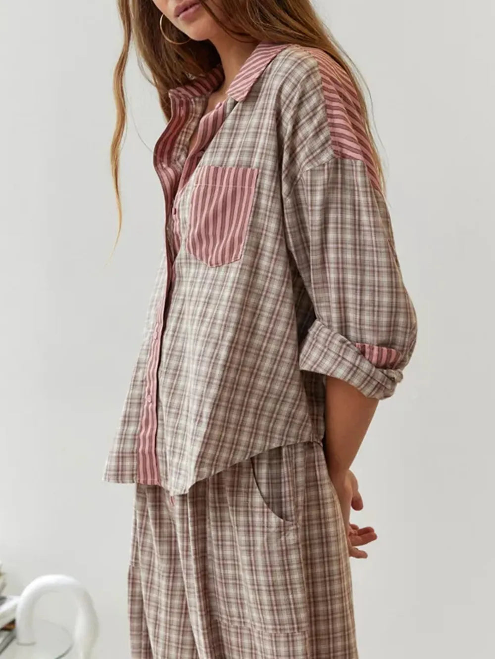 Striped Pajama Set with Plaid Accents