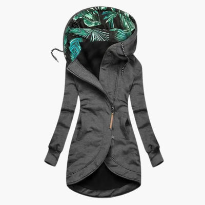 Asymmetrical Zip Hoodie - Tropical Leaf Print Hood
