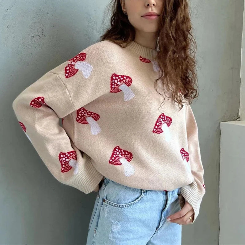 Women’s Oversized Knit Sweater - Mushroom Graphic Pullover