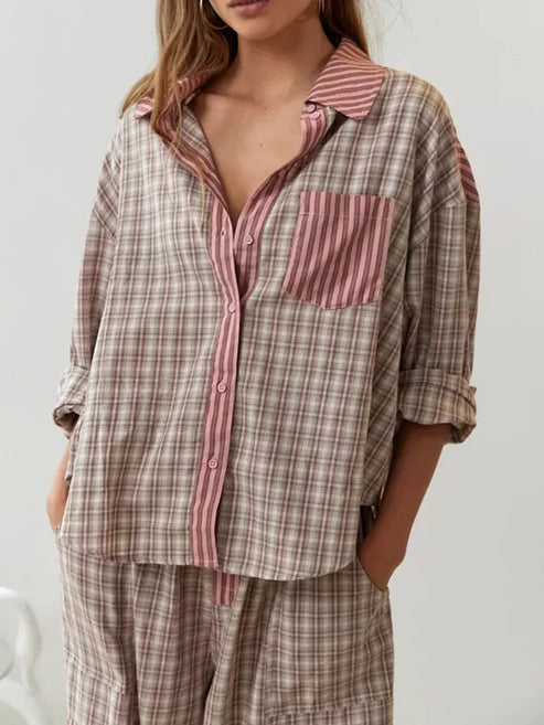 Striped Pajama Set with Plaid Accents