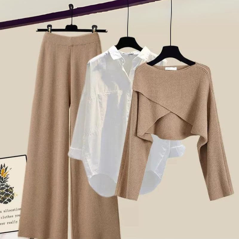 Layered Three-Piece Outfit Set - Shirt, Knit Top Pants
