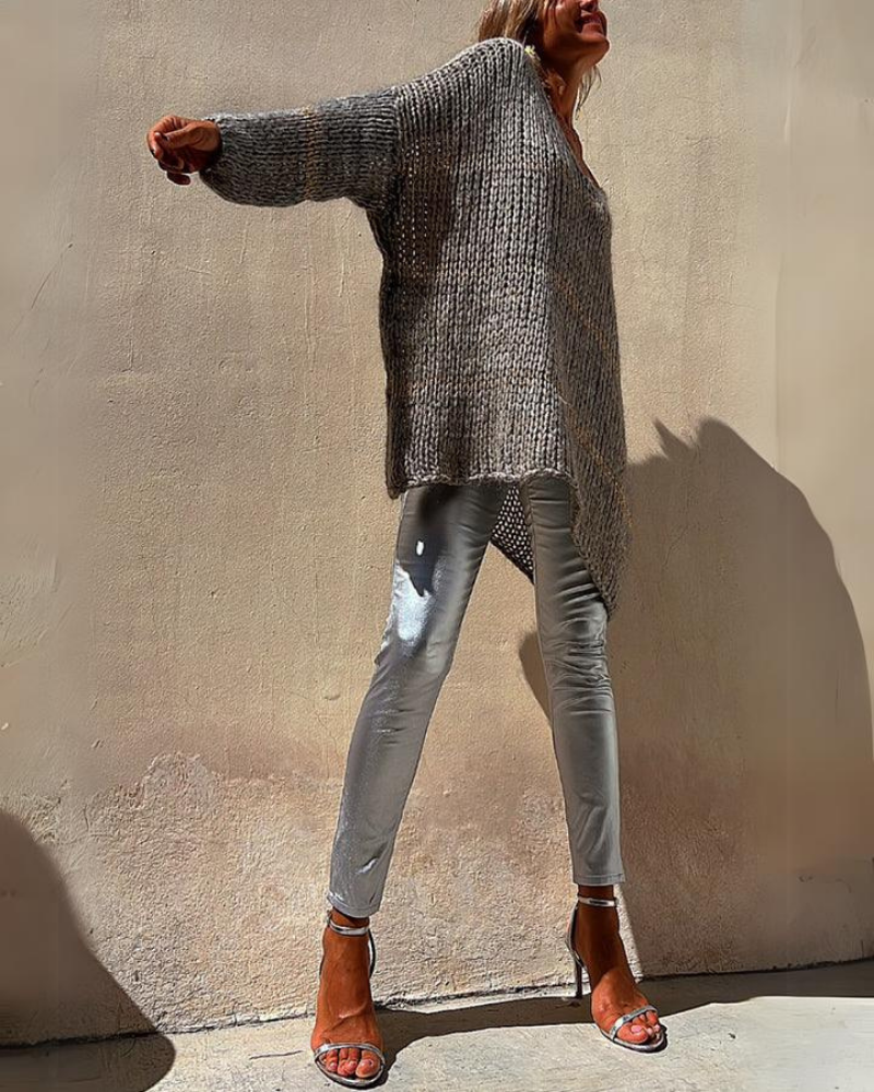 Oversized V-Neck Sweater - Slouchy Knit Top