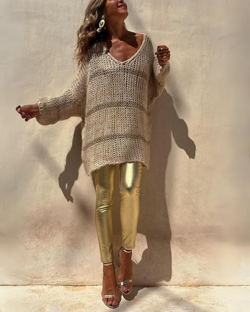 Oversized V-Neck Sweater - Slouchy Knit Top