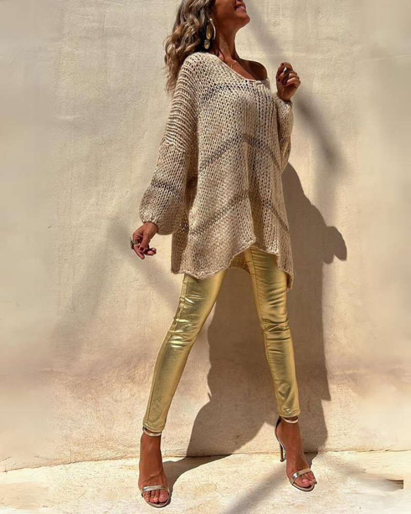 Oversized V-Neck Sweater - Slouchy Knit Top