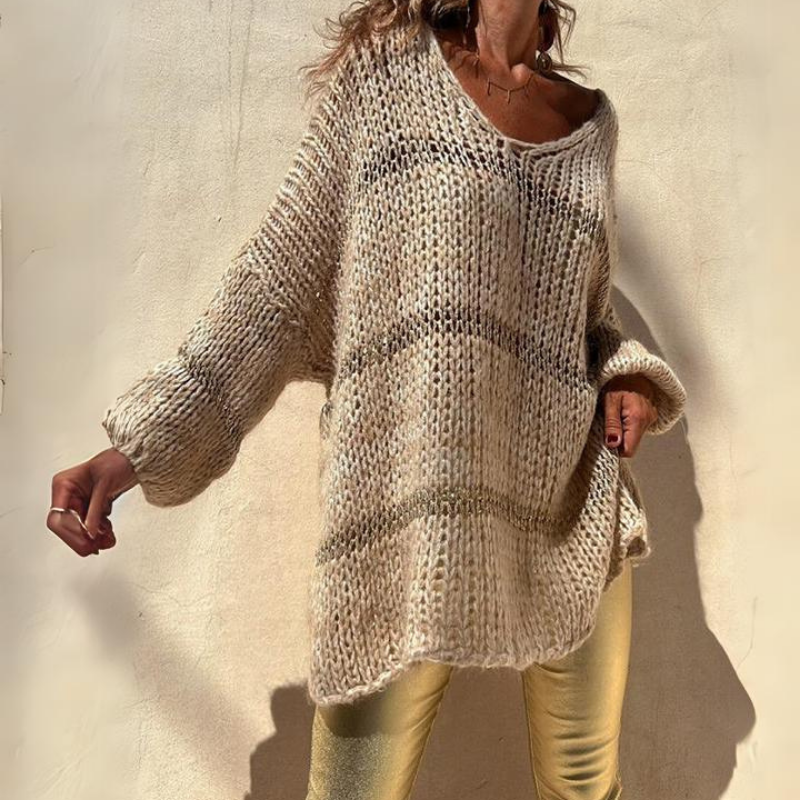 Oversized V-Neck Sweater - Slouchy Knit Top