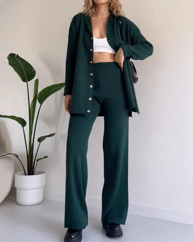 Relaxed Button-Down Co-ord - Longline Shirt Wide-Leg Pants