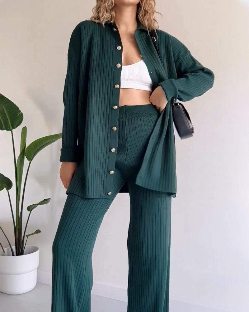 Relaxed Button-Down Co-ord - Longline Shirt Wide-Leg Pants