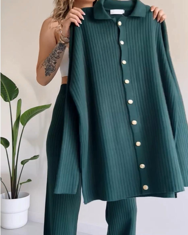 Relaxed Button-Down Co-ord - Longline Shirt Wide-Leg Pants