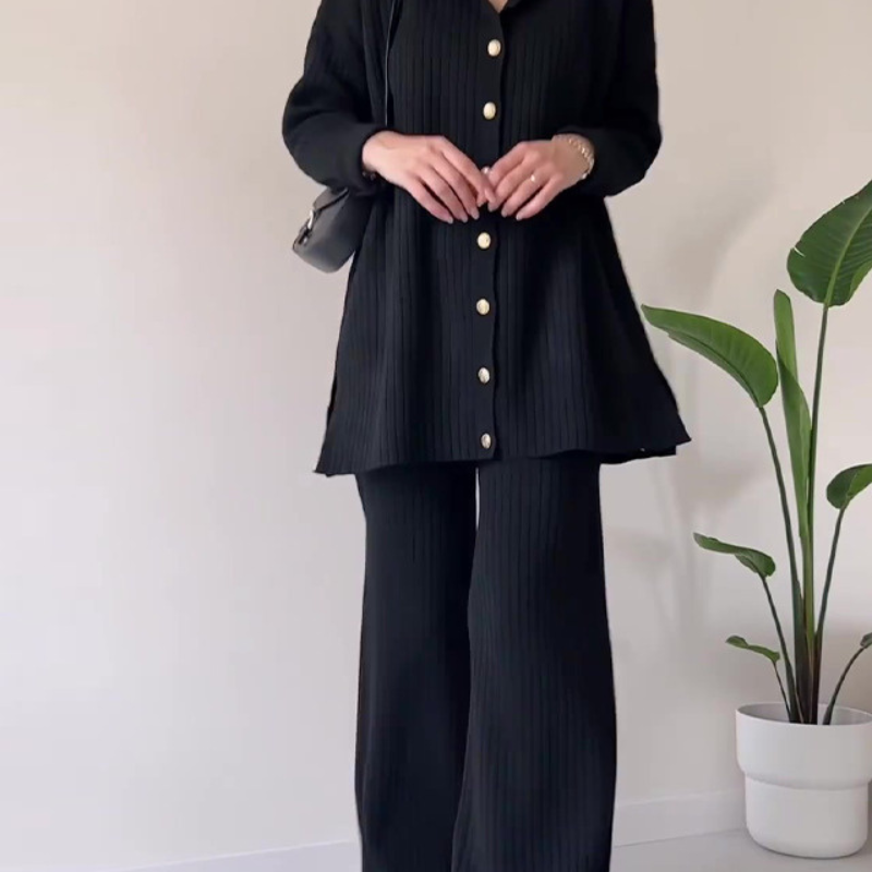 Relaxed Button-Down Co-ord - Longline Shirt Wide-Leg Pants