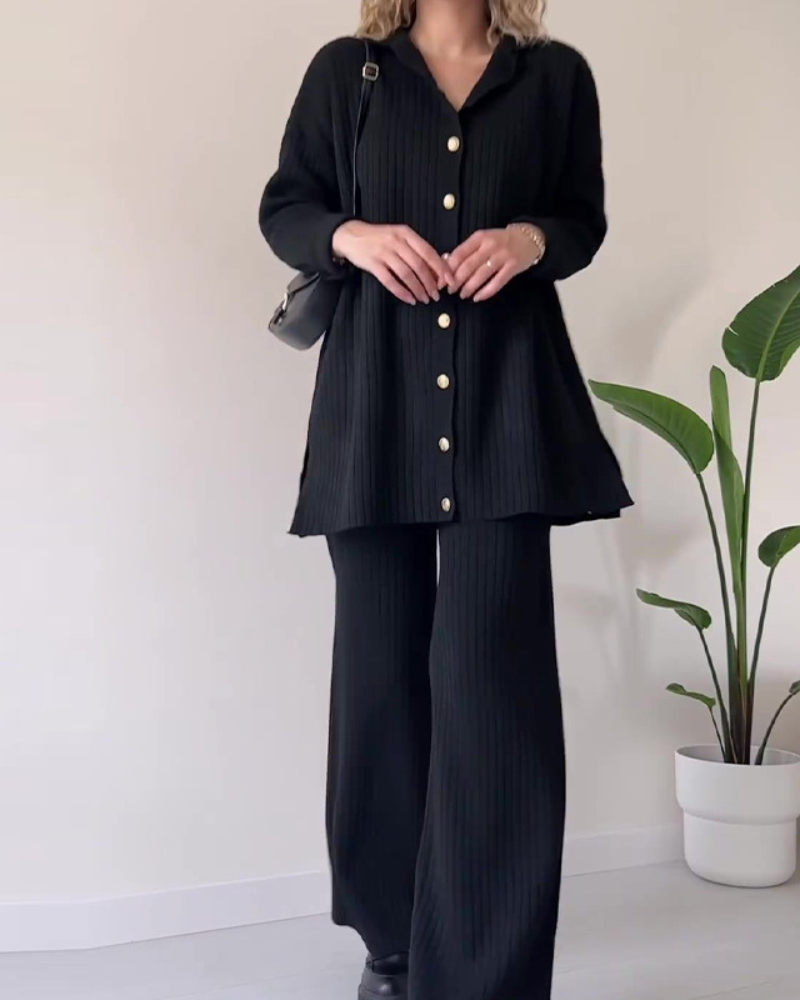 Relaxed Button-Down Co-ord - Longline Shirt Wide-Leg Pants