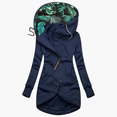 Asymmetrical Zip Hoodie - Tropical Leaf Print Hood