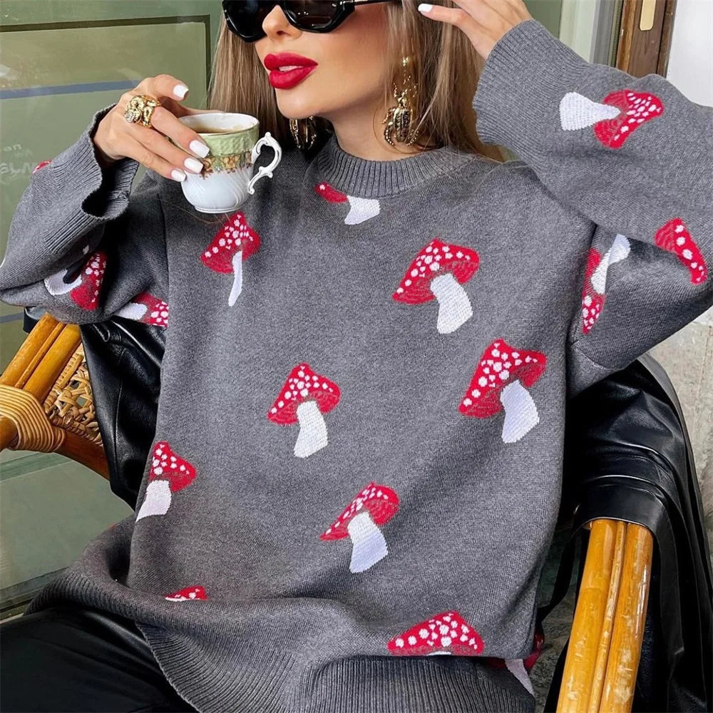 Women’s Oversized Knit Sweater - Mushroom Graphic Pullover