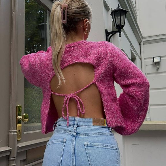 Women's Open Back Sweater – Tie Detail Cut-Out Design