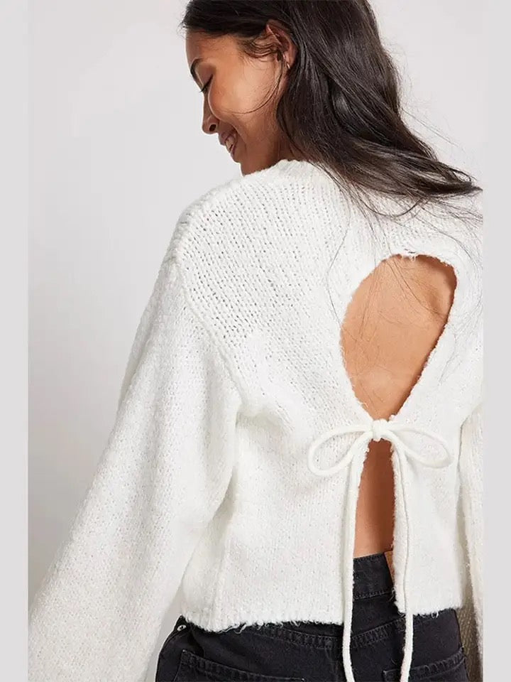 Women's Open Back Sweater – Tie Detail Cut-Out Design