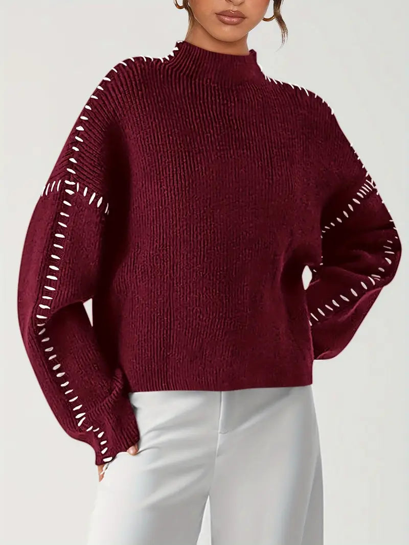 Women’s Whipstitch Knit Sweater – Contrast Stitch Oversized Pullover