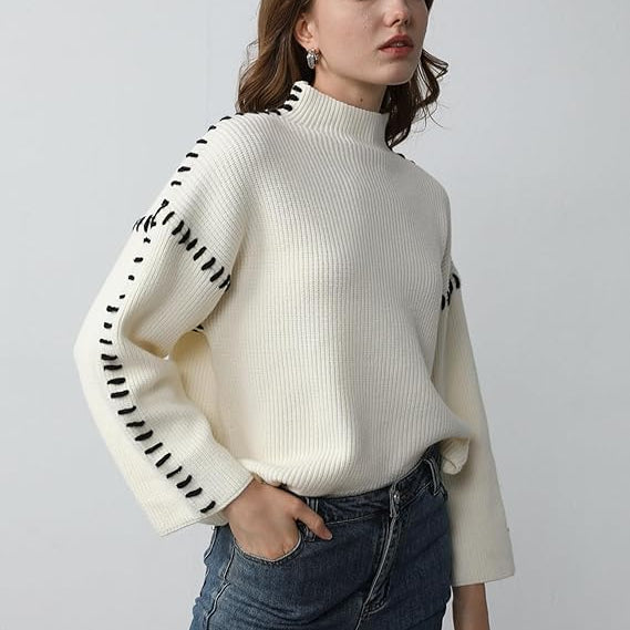 Women’s Whipstitch Knit Sweater – Contrast Stitch Oversized Pullover