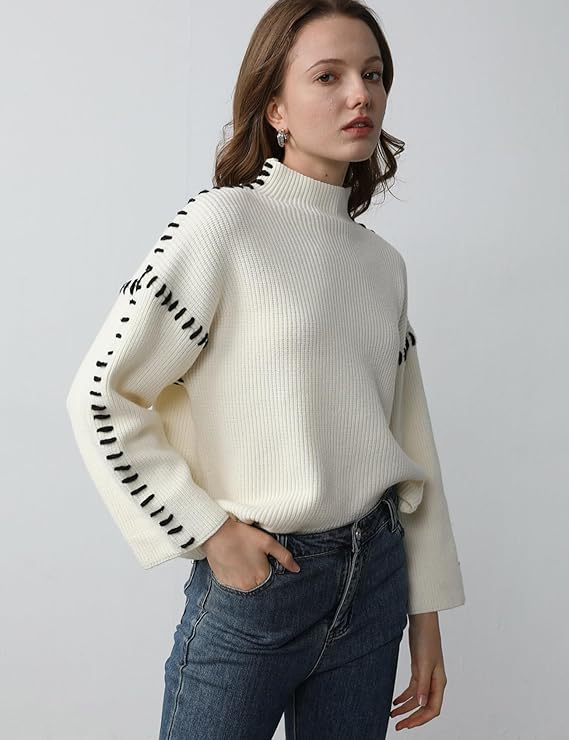 Women’s Whipstitch Knit Sweater – Contrast Stitch Oversized Pullover