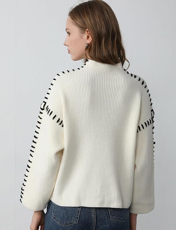 Women’s Whipstitch Knit Sweater – Contrast Stitch Oversized Pullover