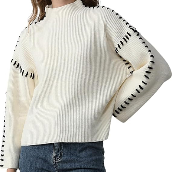 Women’s Whipstitch Knit Sweater – Contrast Stitch Oversized Pullover