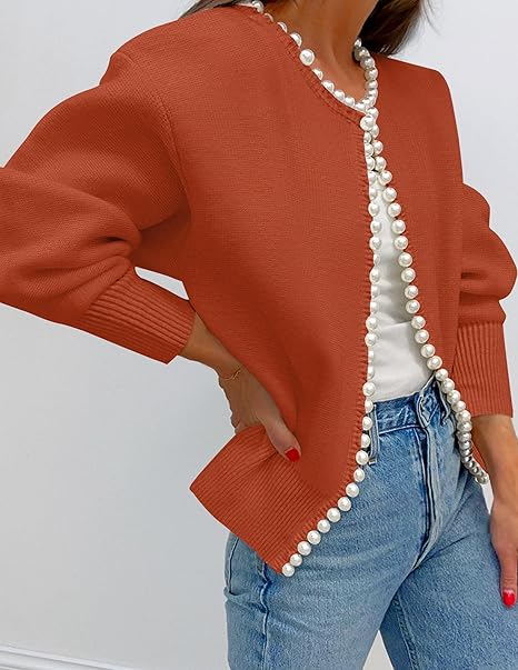 Women's Knit Cardigan - Long Sleeve Pearl Trim Open Front