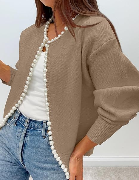 Women's Knit Cardigan - Long Sleeve Pearl Trim Open Front