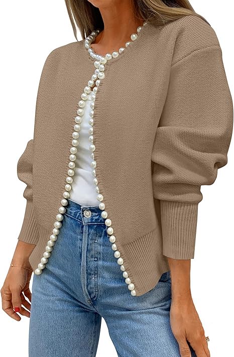 Women's Knit Cardigan - Long Sleeve Pearl Trim Open Front