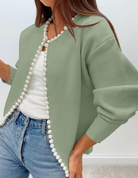 Women's Knit Cardigan - Long Sleeve Pearl Trim Open Front