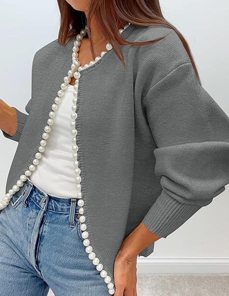 Women's Knit Cardigan - Long Sleeve Pearl Trim Open Front