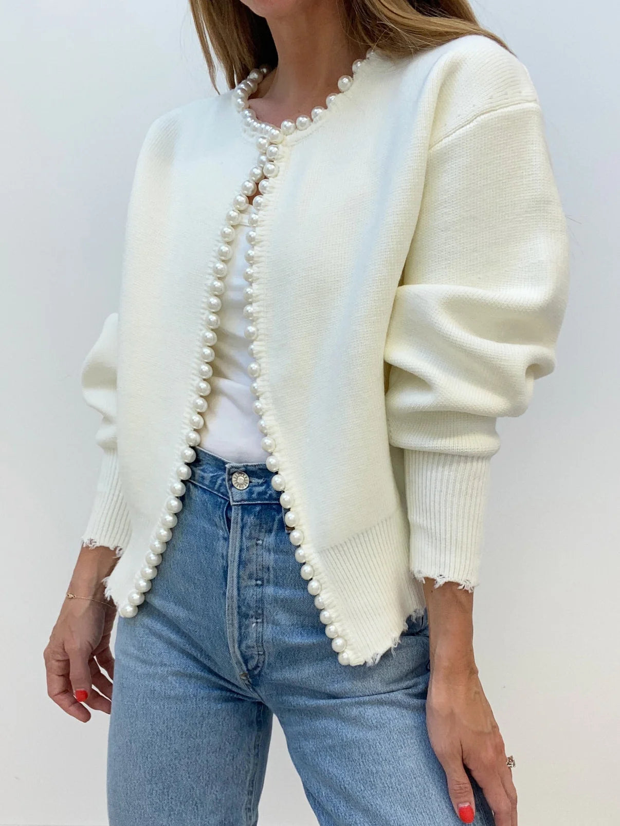 Women's Knit Cardigan - Long Sleeve Pearl Trim Open Front