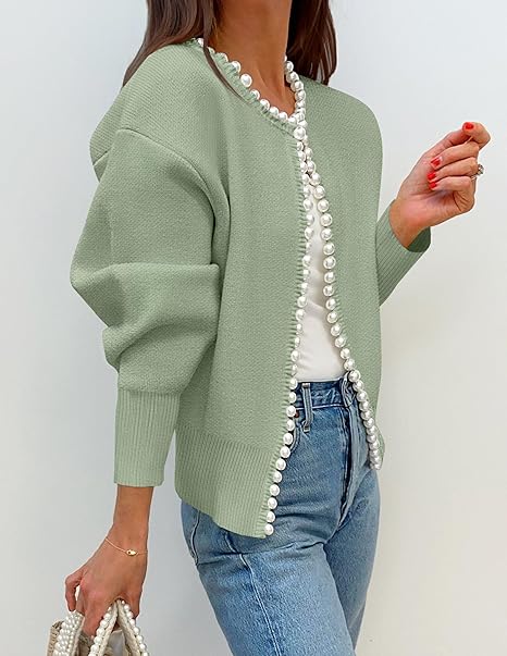 Women's Knit Cardigan - Long Sleeve Pearl Trim Open Front