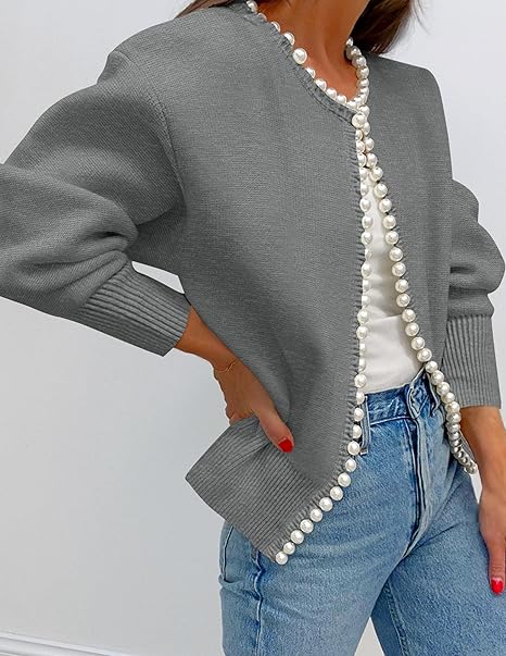 Women's Knit Cardigan - Long Sleeve Pearl Trim Open Front