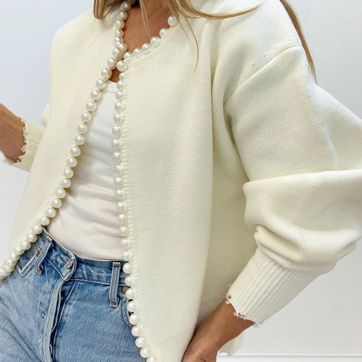 Women's Knit Cardigan - Long Sleeve Pearl Trim Open Front