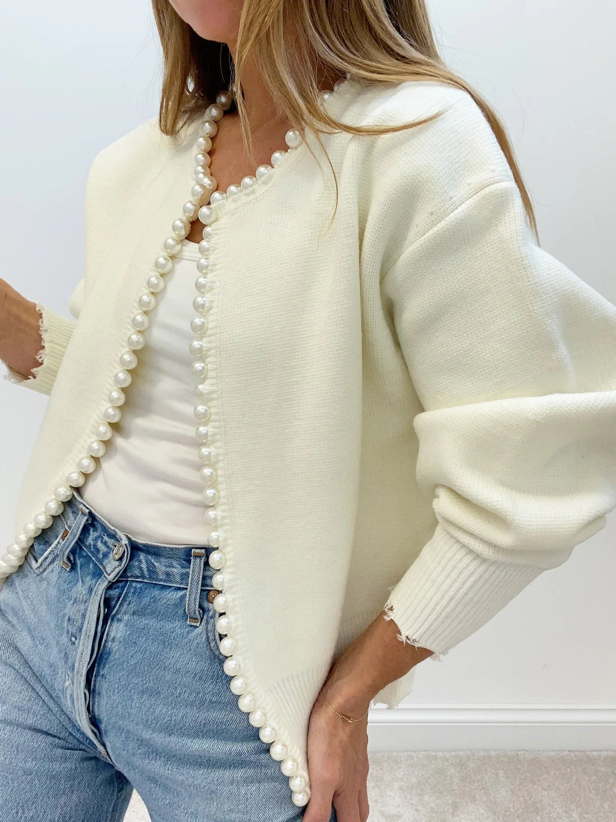 Women's Knit Cardigan - Long Sleeve Pearl Trim Open Front