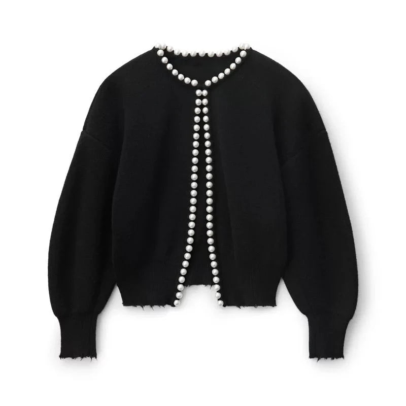 Women's Knit Cardigan - Long Sleeve Pearl Trim Open Front
