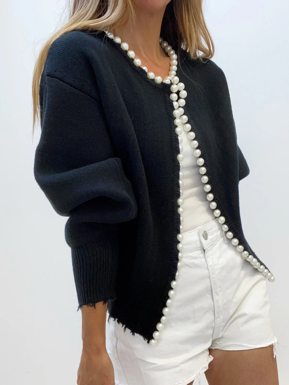 Women's Knit Cardigan - Long Sleeve Pearl Trim Open Front