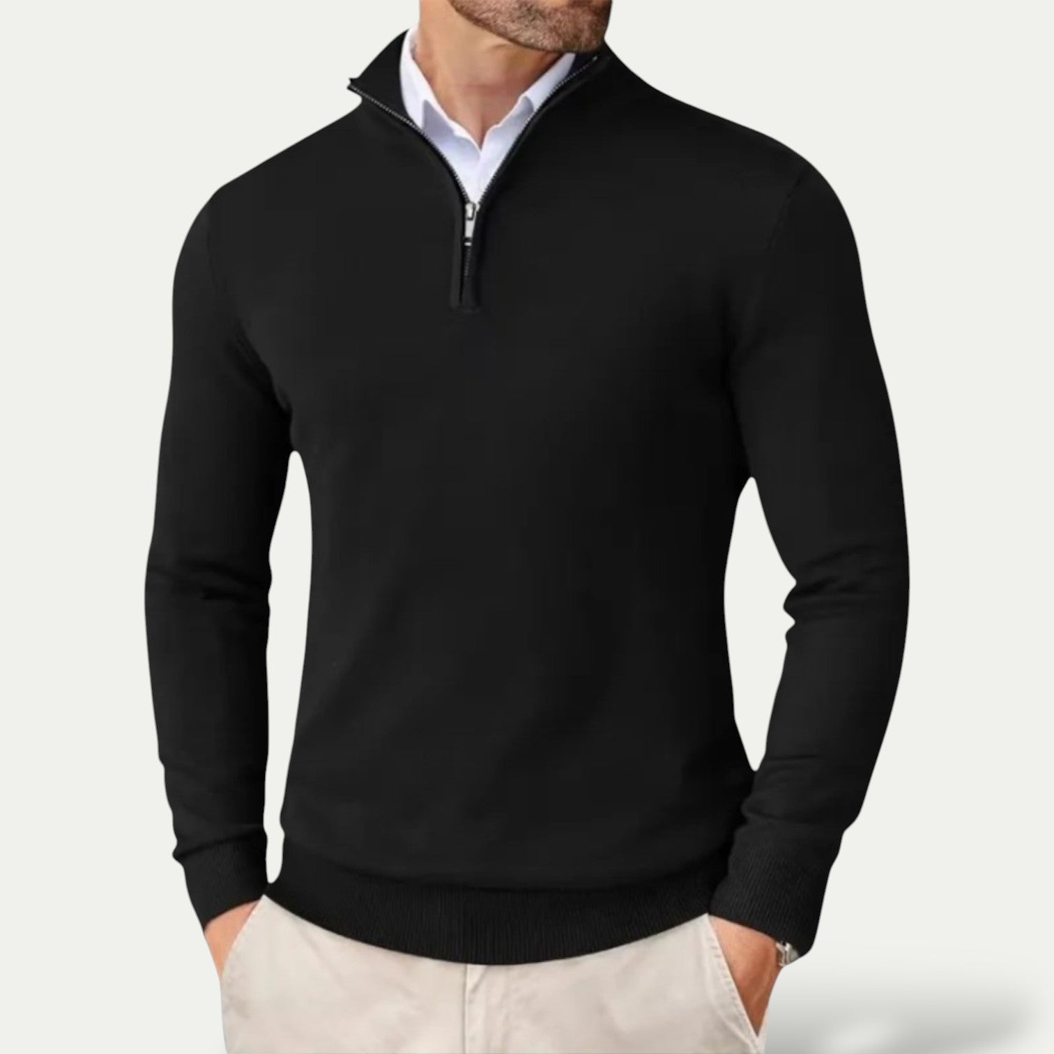 Men's Cashmere Pullover with Half Zip and Long Sleeves