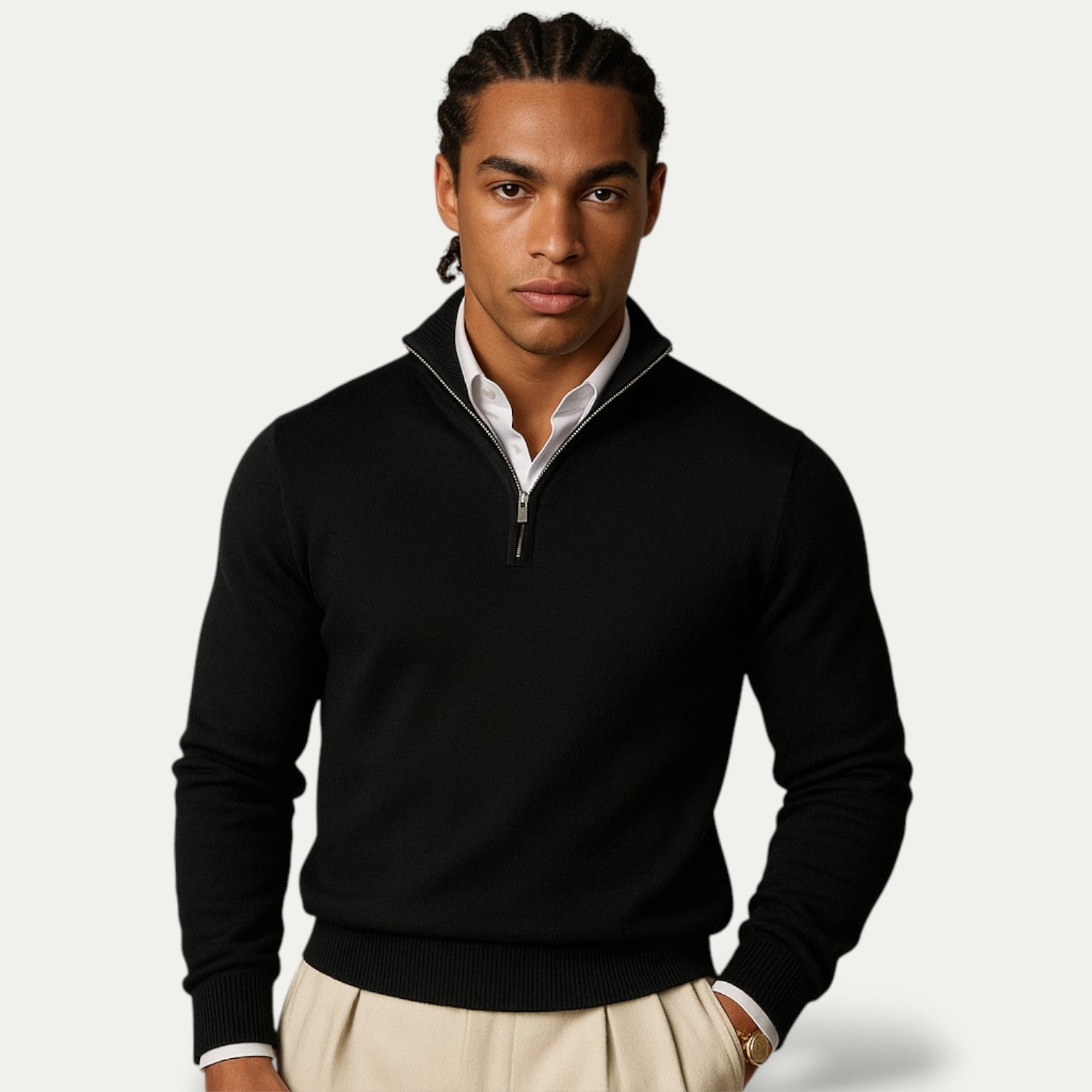 Men's Cashmere Pullover with Half Zip and Long Sleeves