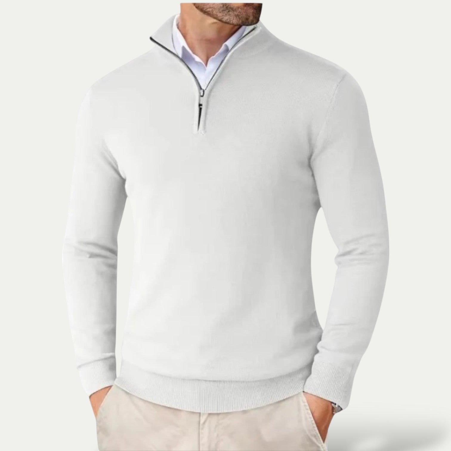 Men's Cashmere Pullover with Half Zip and Long Sleeves