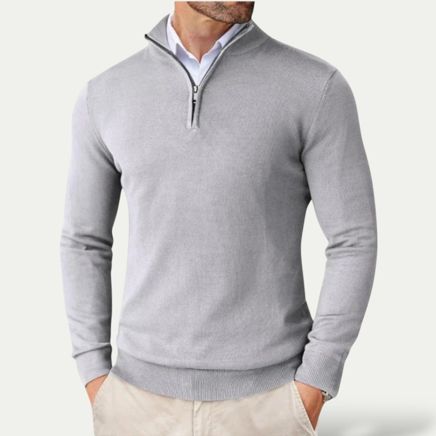 Men's Cashmere Pullover with Half Zip and Long Sleeves