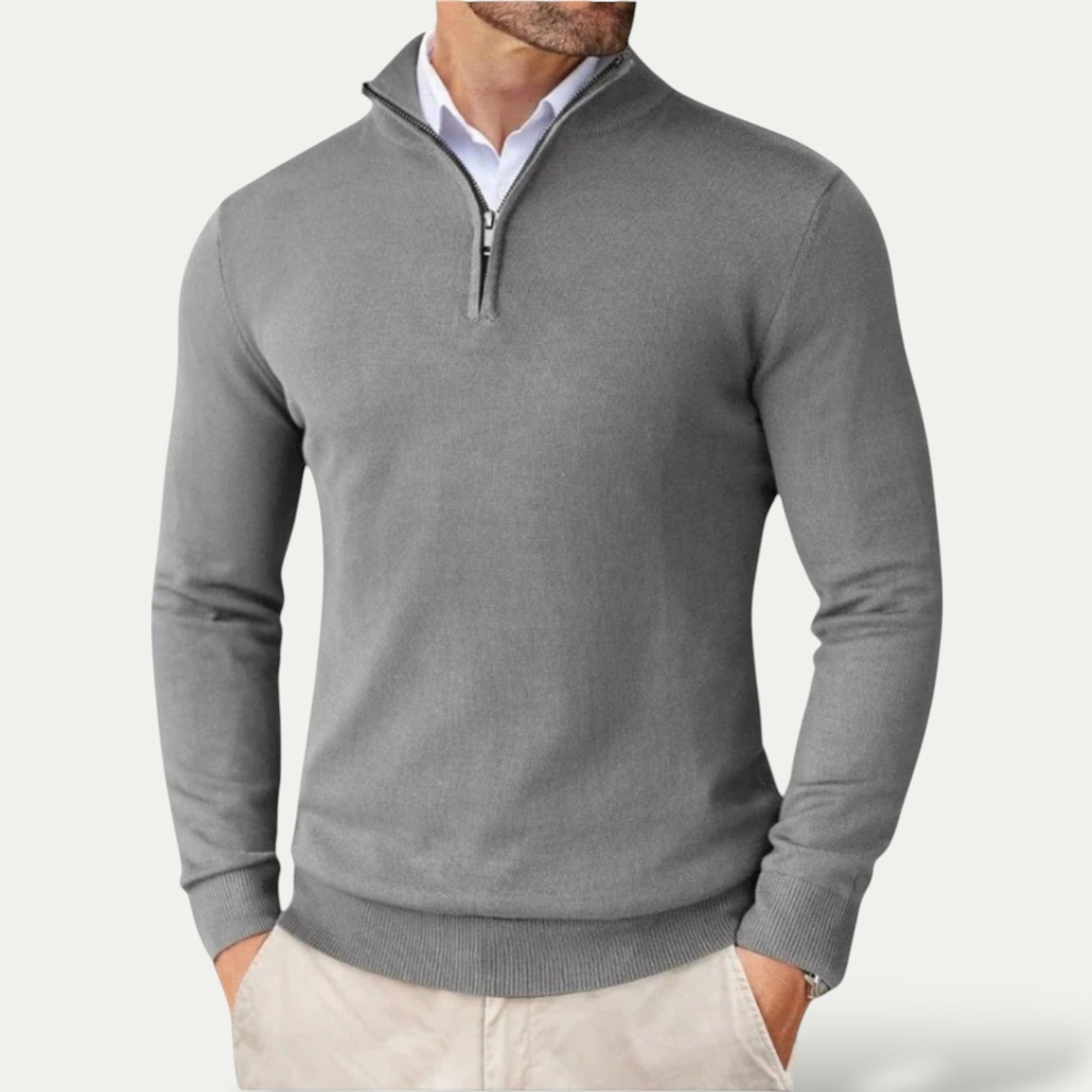 Men's Cashmere Pullover with Half Zip and Long Sleeves