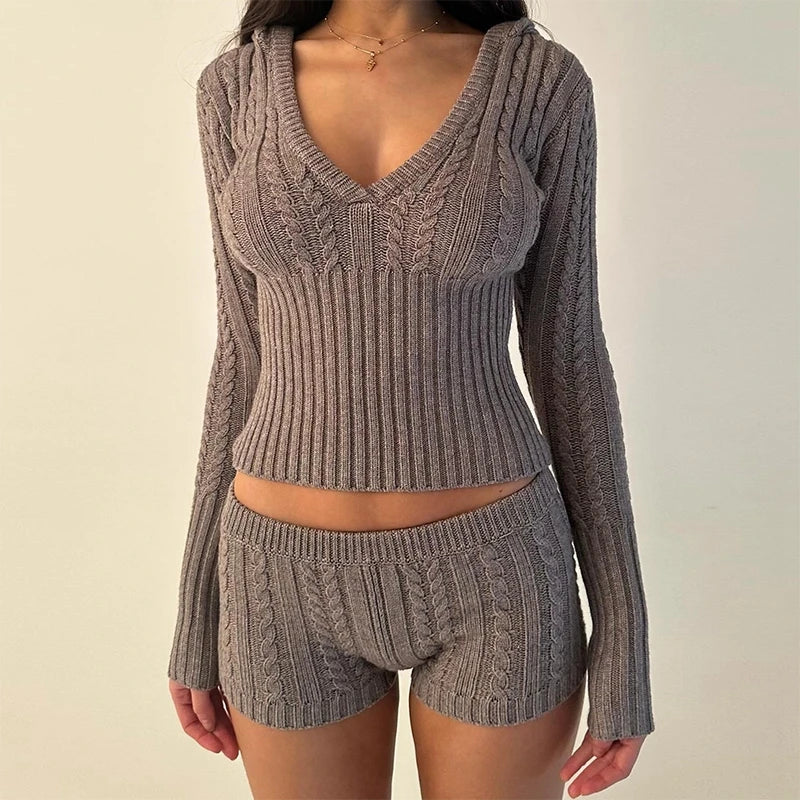 Women’s Knit Lounge Set - Long Sleeve Top & Shorts