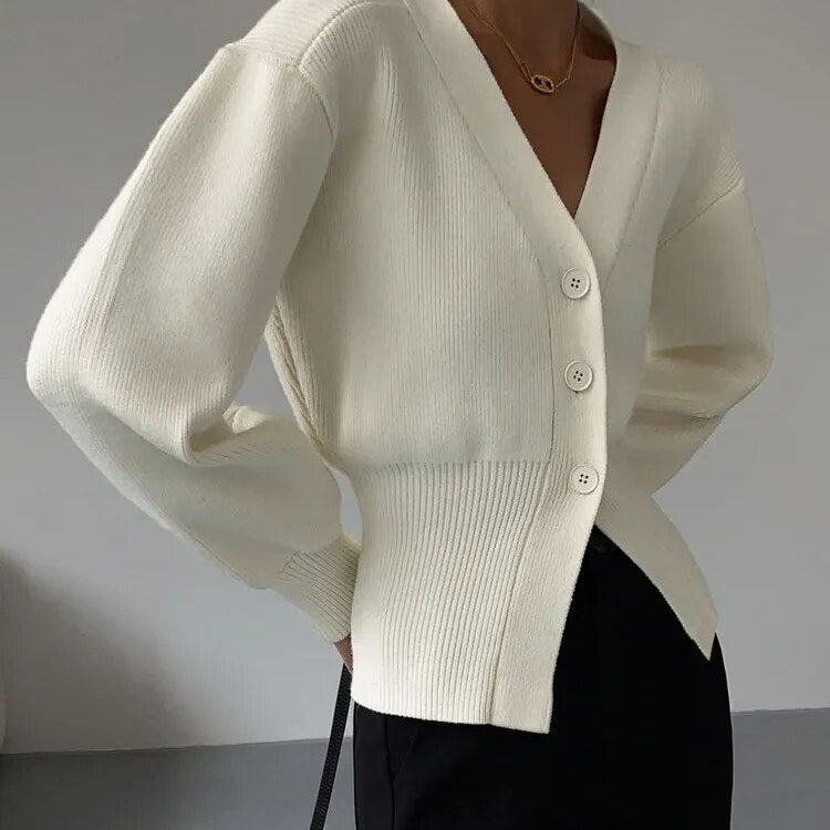 Women's V-Neck Button Cardigan - Relaxed Fit Long Sleeves