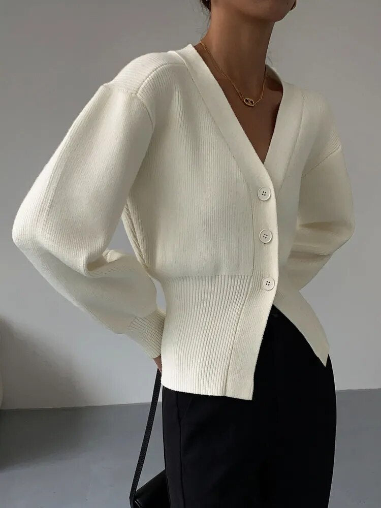 Women's V-Neck Button Cardigan - Relaxed Fit Long Sleeves