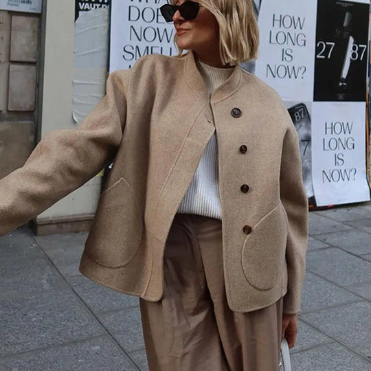 Women’s Stand Collar Button-Up Coat - Front Pocket Short Jacket