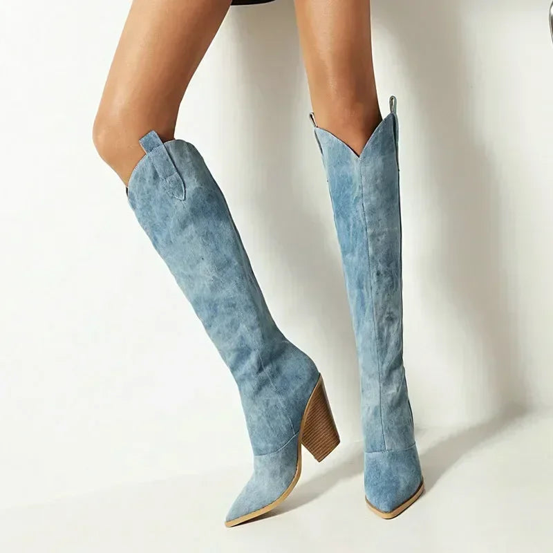 Esme | Winter Blue Overknee Cowboy Boots for Women