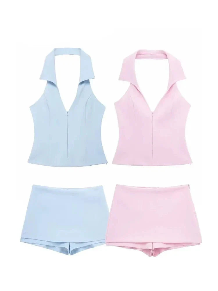 Lexie - V Neck Zip Front Top & Skort Set