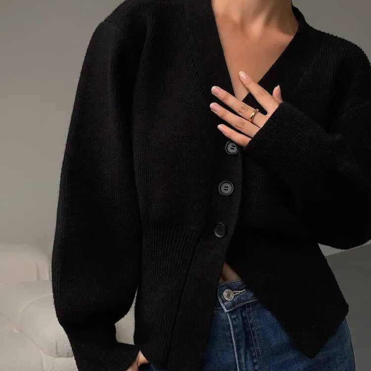 Women's V-Neck Button Cardigan - Relaxed Fit Long Sleeves