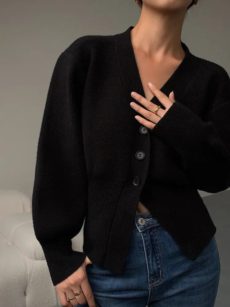 Women's V-Neck Button Cardigan - Relaxed Fit Long Sleeves