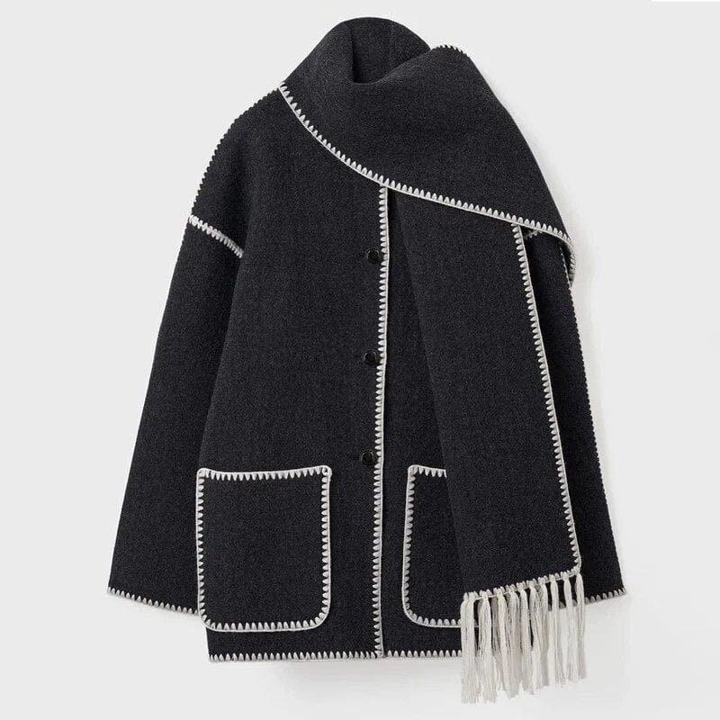Women’s Contrast Trim Scarfed Wool Coat - Fringed Pocket Detail Outerwear